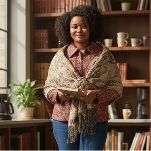 CHRISTOPHER & BANKS 2 PIECE BURGUNDY BEADED TAPESTRY VEST & SCARF SET SIZE X